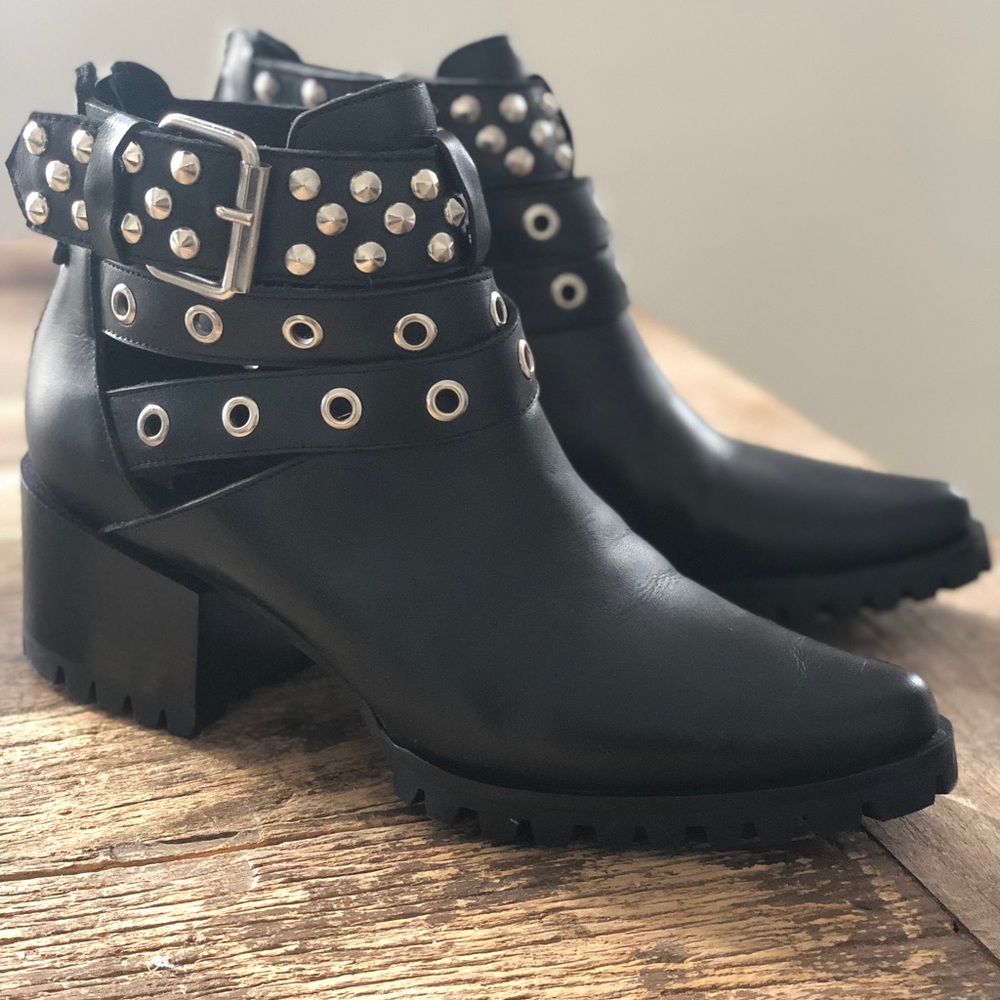 Black leather stud ankle boot